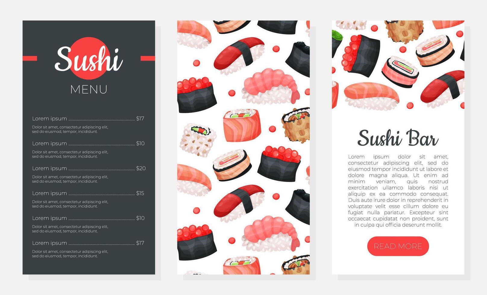 Asian food menu web banners set. Sushi bar, restaurant, cafe, delivery service mobile app illustration vector