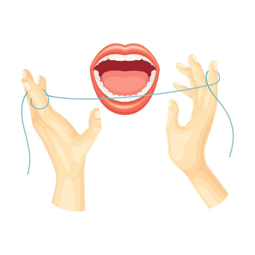 Hands cleaning teeth with dental floss. Open mouth with white teeth illustration vector
