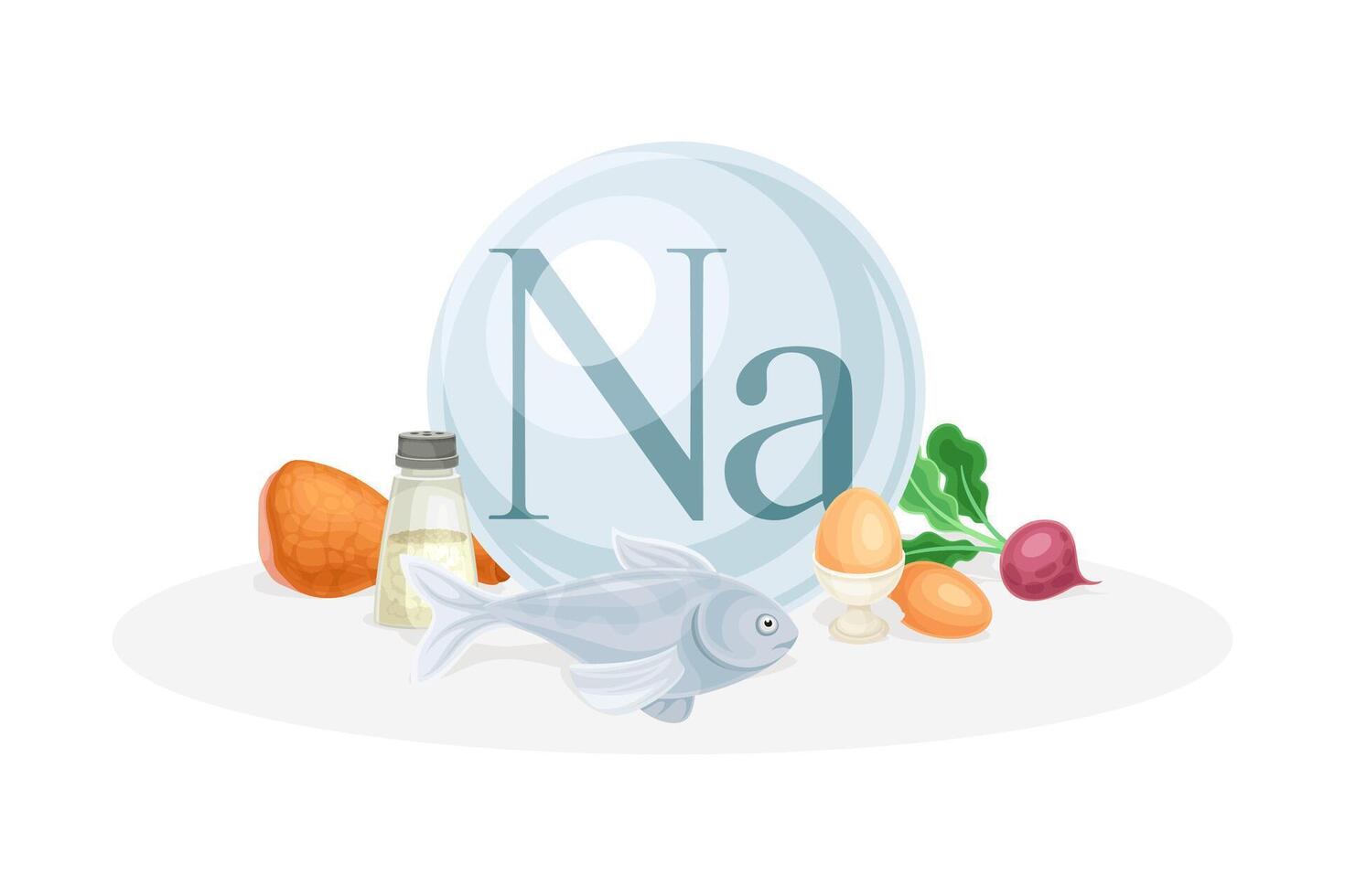 Sources of Na mineral. Salt, egg, reddish, fish healthy nutrition food. Mineral vitamin supplement illustration vector