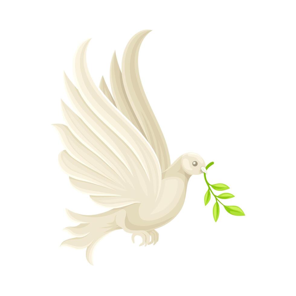 Peace dove with olive branch. White pigeon flying with green twig in its beak illustration vector