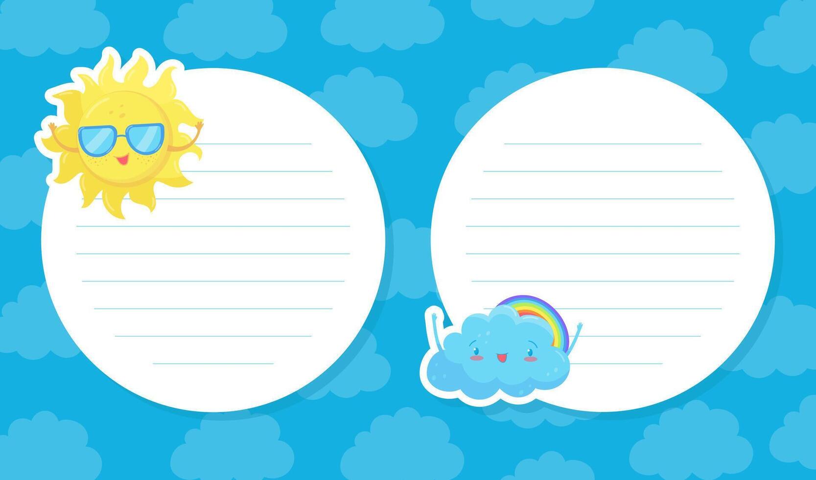 Notebook, card, notes, stickers page template with weather forecast signs. Lined notepad, diary paper illustration vector