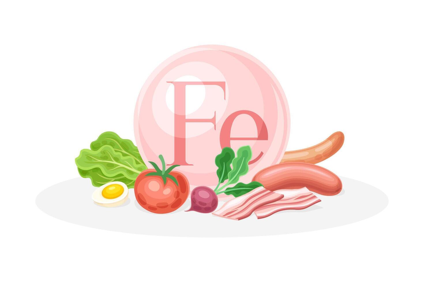 Sources of Fe mineral. Broccoli, egg, tomato, egg, radish healthy nutrition food. Mineral vitamin supplement illustration vector