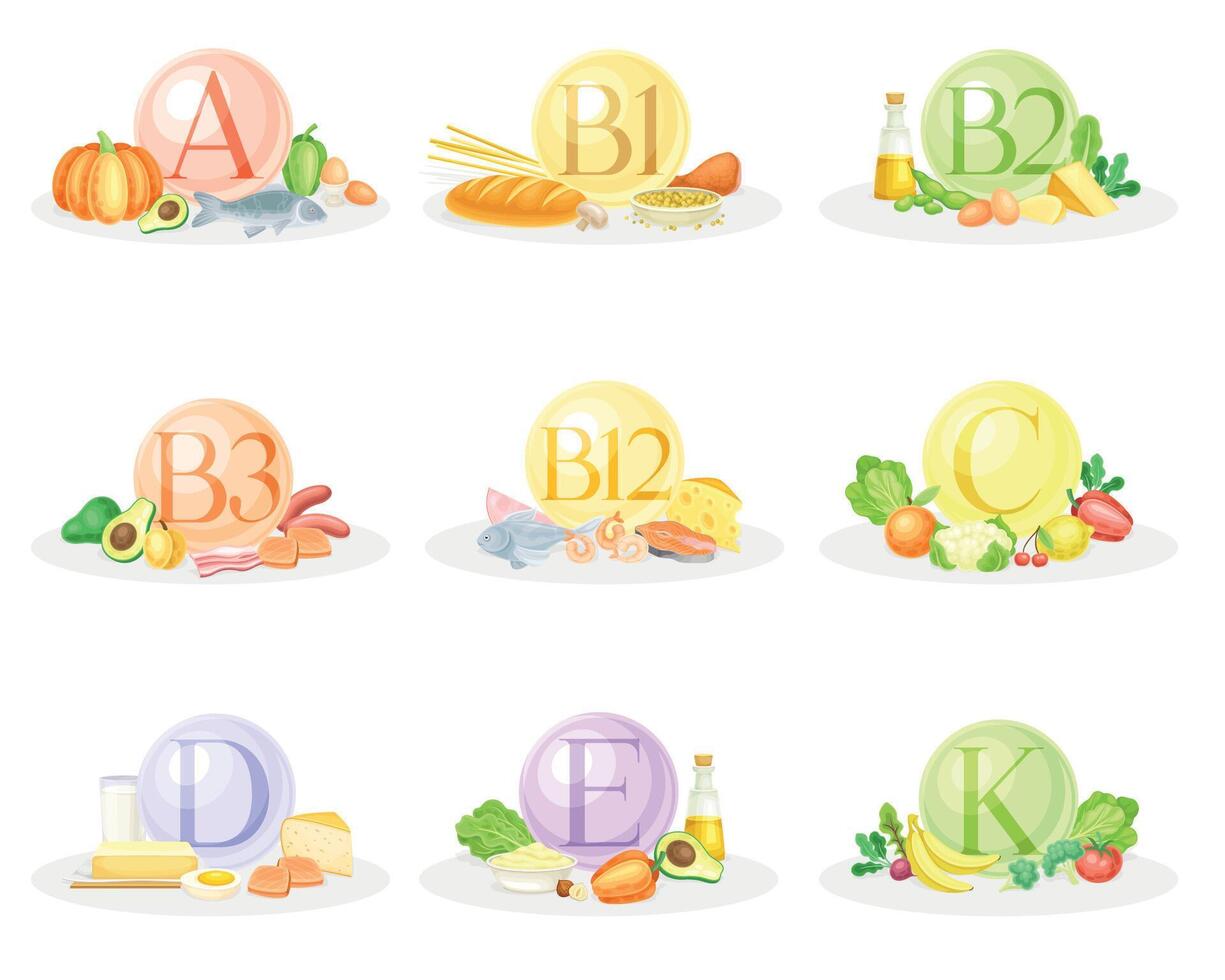 Sources of vitamins set. Healthy nutrition food and dietary supplements illustration vector