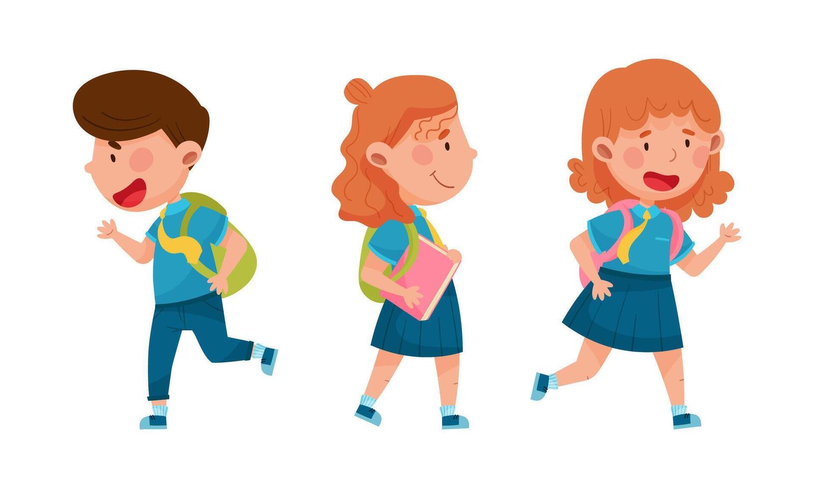 Cheerful pupils in school uniform going to school with backpacks and books cartoon illustration vector
