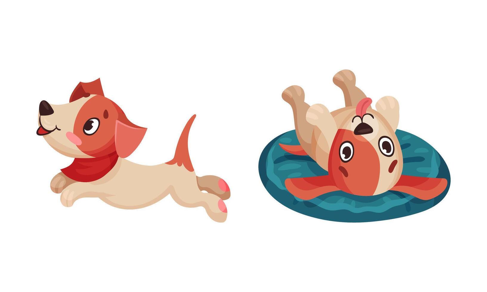 Cute puppy daily routine set. Adorable little pet animal jumping and lying cartoon illustration vector