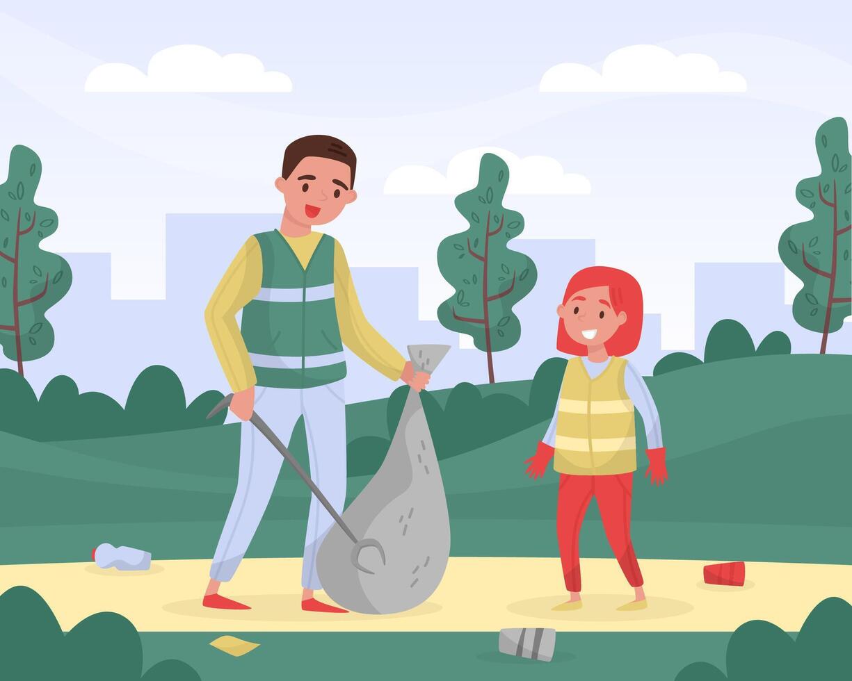 Man with Girl Clean Nature Collect Garbage Care of Environment Illustration vector