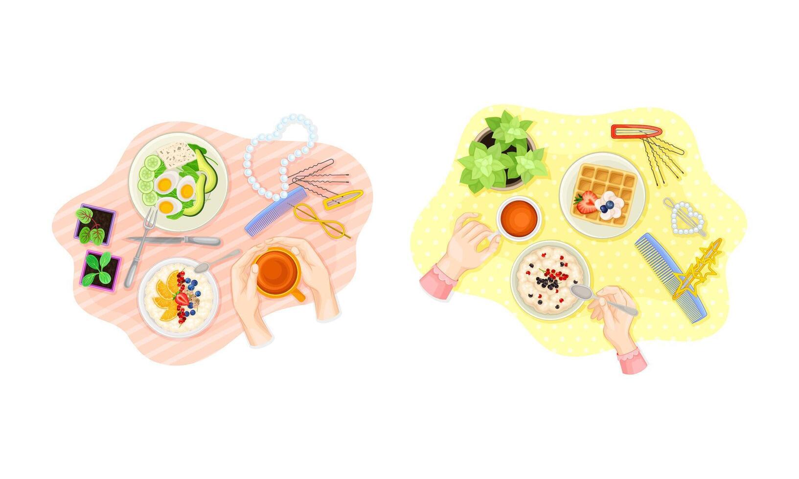View from above of hands and breakfast dishes served on plates set illustration vector