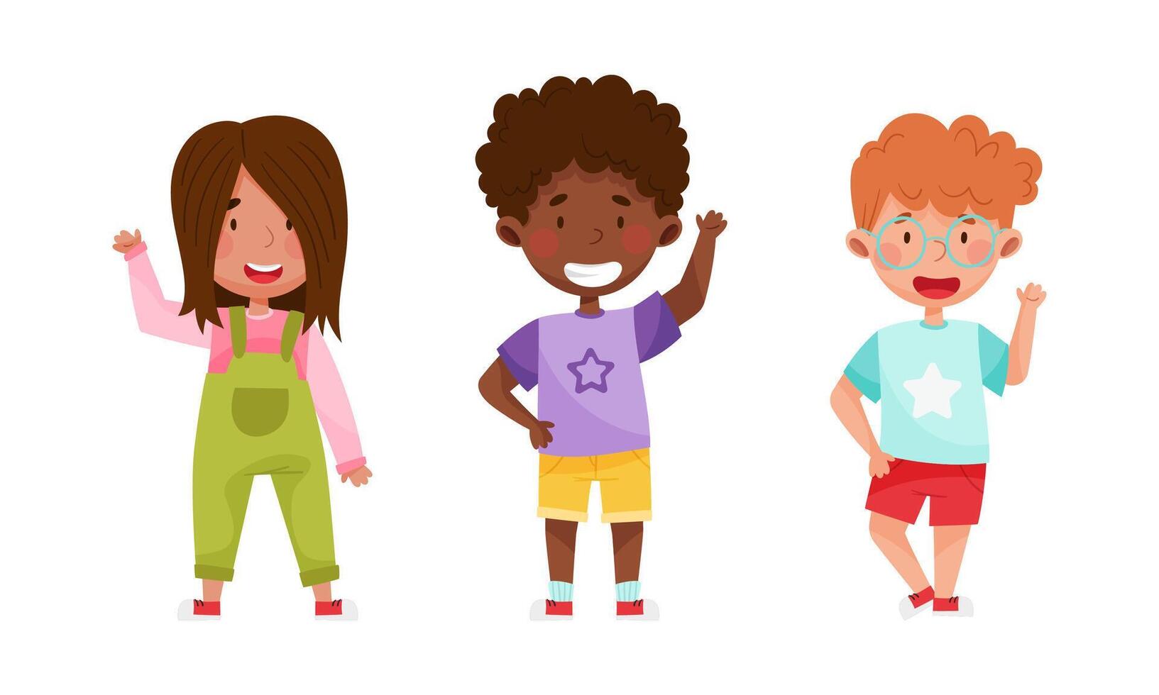 Set of multiracial children waving their hands in greeting cartoon illustration vector