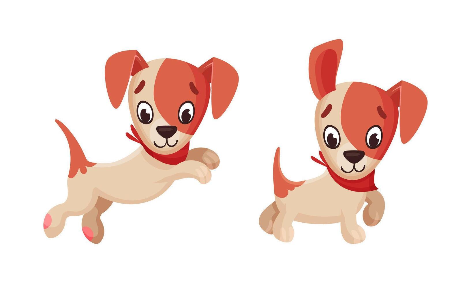 Cute puppy daily routine set. Adorable little pet animal joyfully jumping and walking cartoon illustration vector