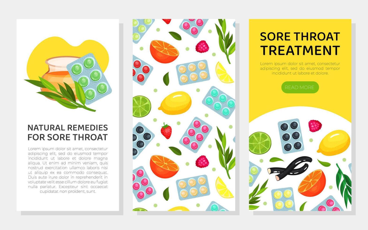 Natural remedies for sore throat web banners set. Sore throat treatment mobile application templates illustration vector