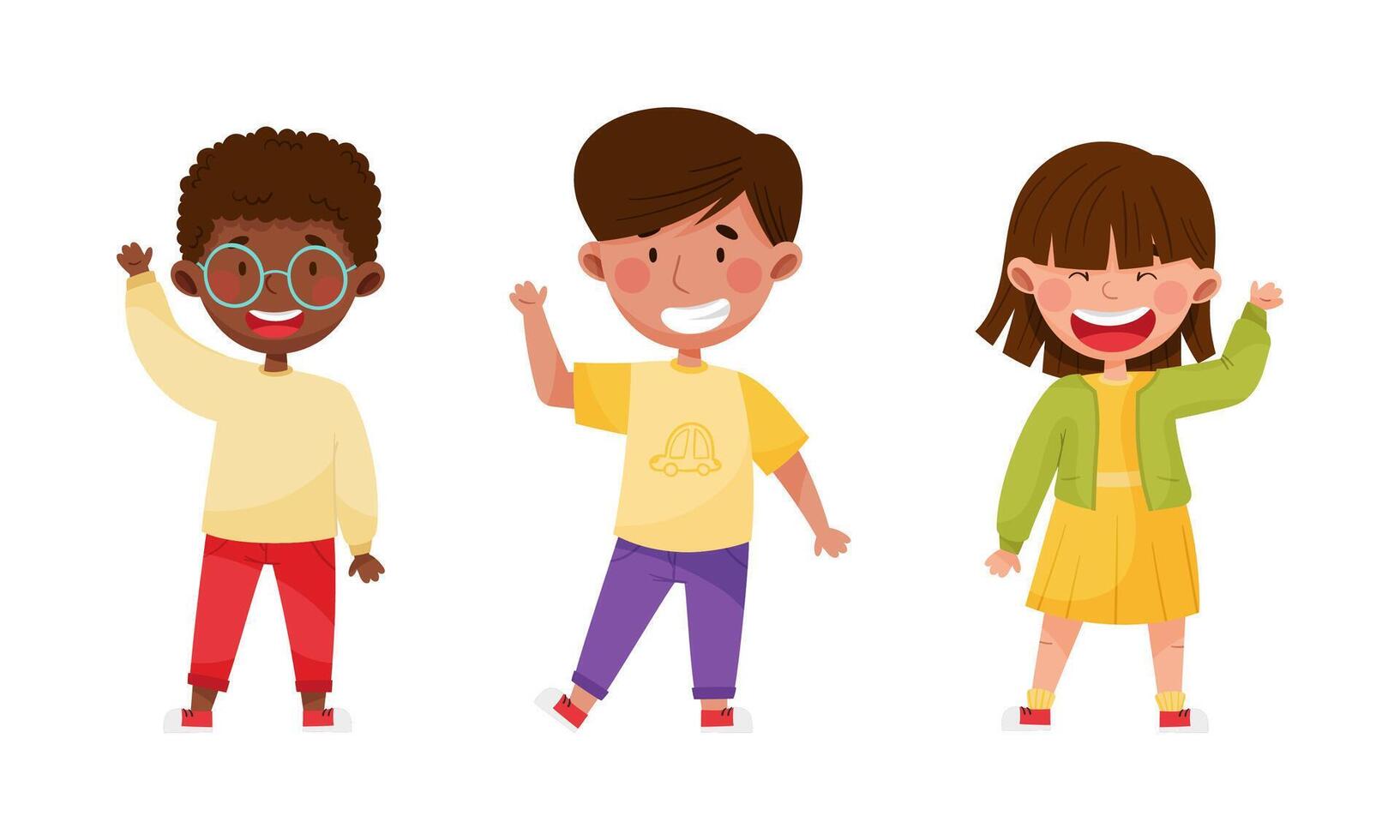 Smiling multiracial children waving their hands set cartoon illustration vector