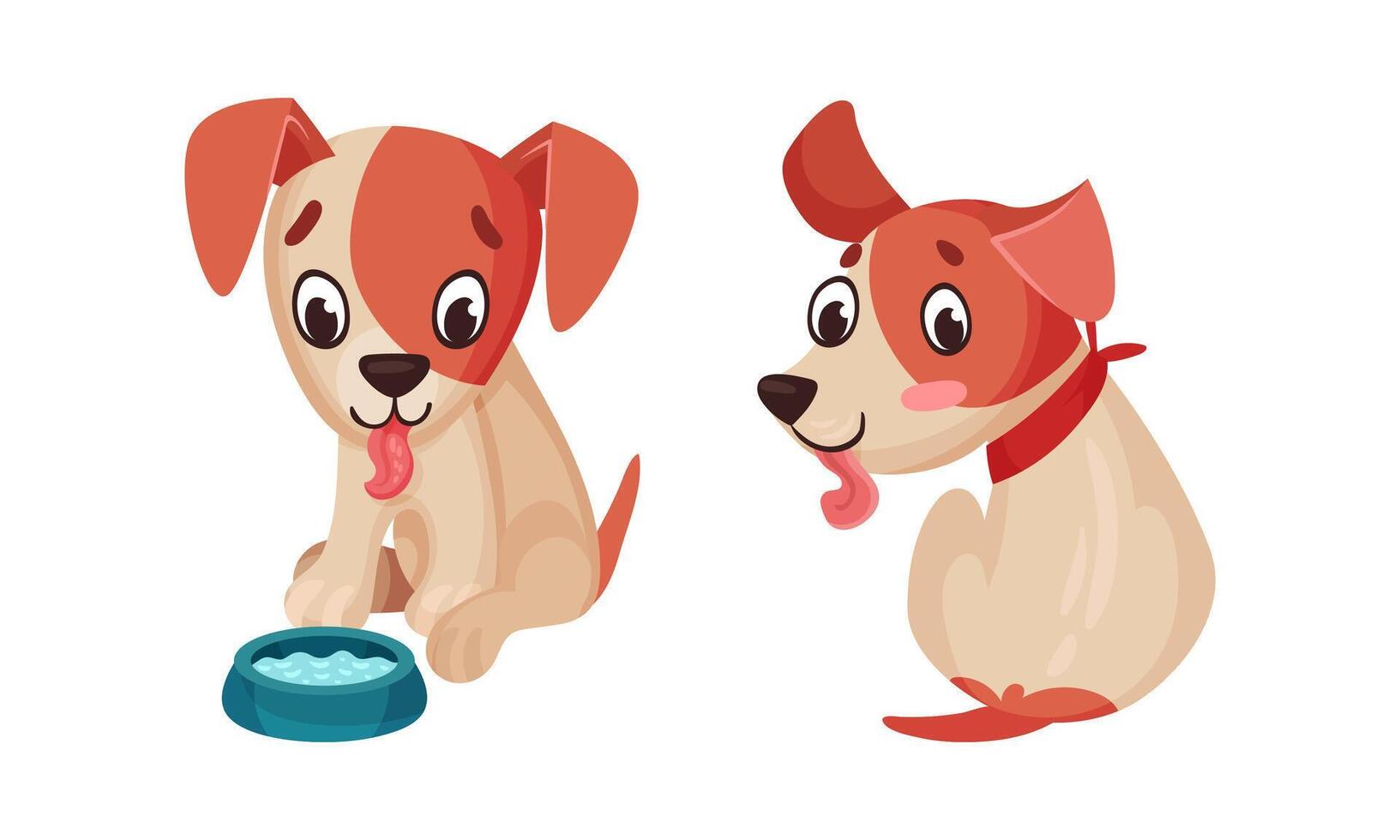 Cute puppy daily routine set. Adorable little pet animal sitting cartoon illustration vector