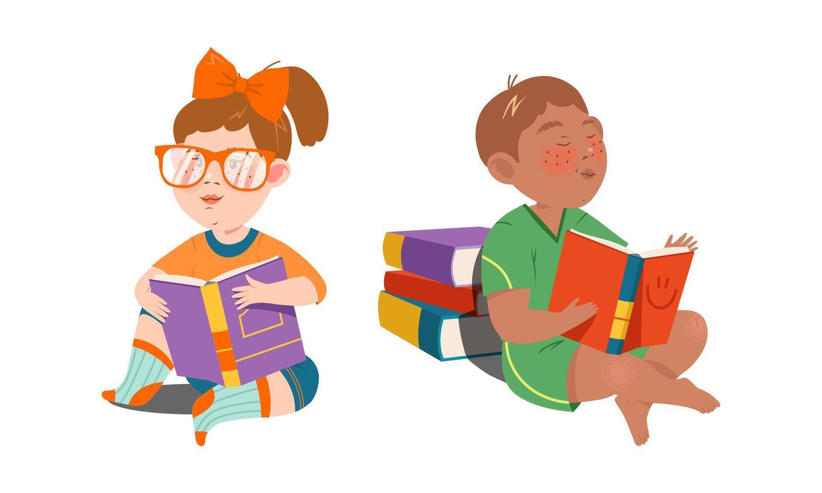 Cute kids reading books set. Preschool activities and childhood education cartoon illustration vector