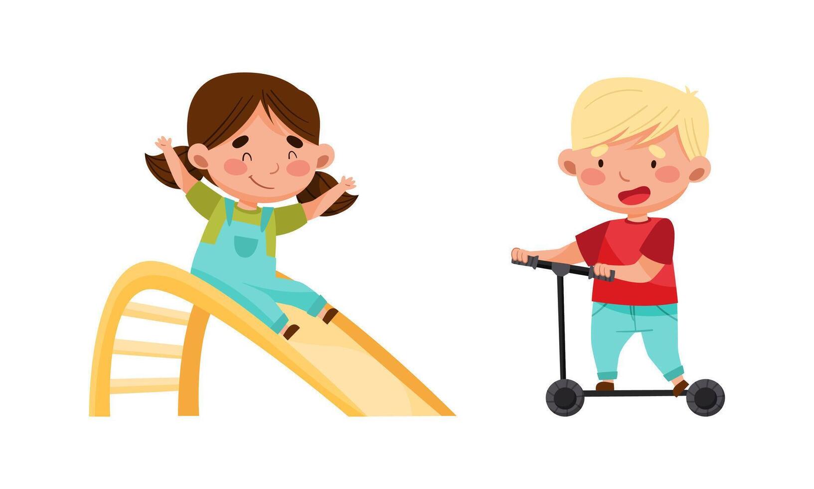 Cute happy kids sliding on slide and riding kick scooter set cartoon illustration vector