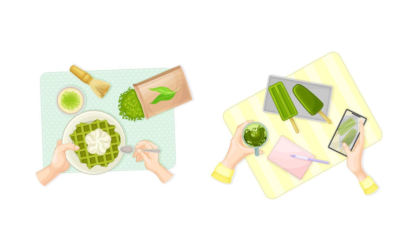 View from above of hands and delicious green matcha tea desserts set illustration vector