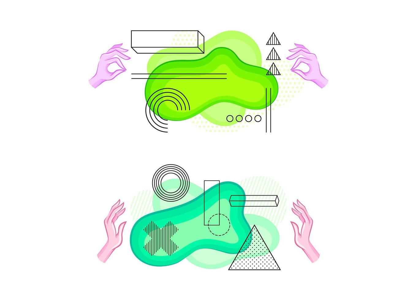 Human hands with geometric shapes and abstract colorful spots set illustration vector