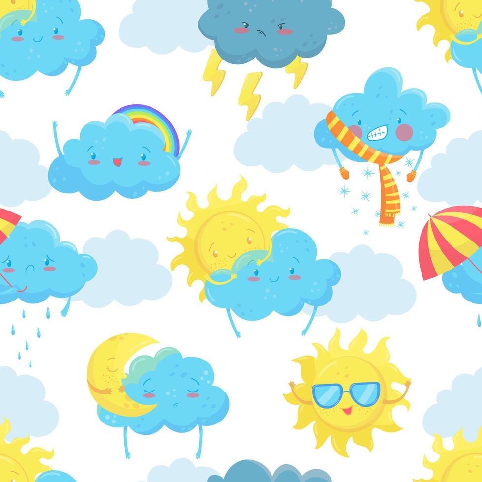 Weather forecast seamless pattern. Cloud, sun, rain, snow background, print, fabric, wallpaper design illustration vector