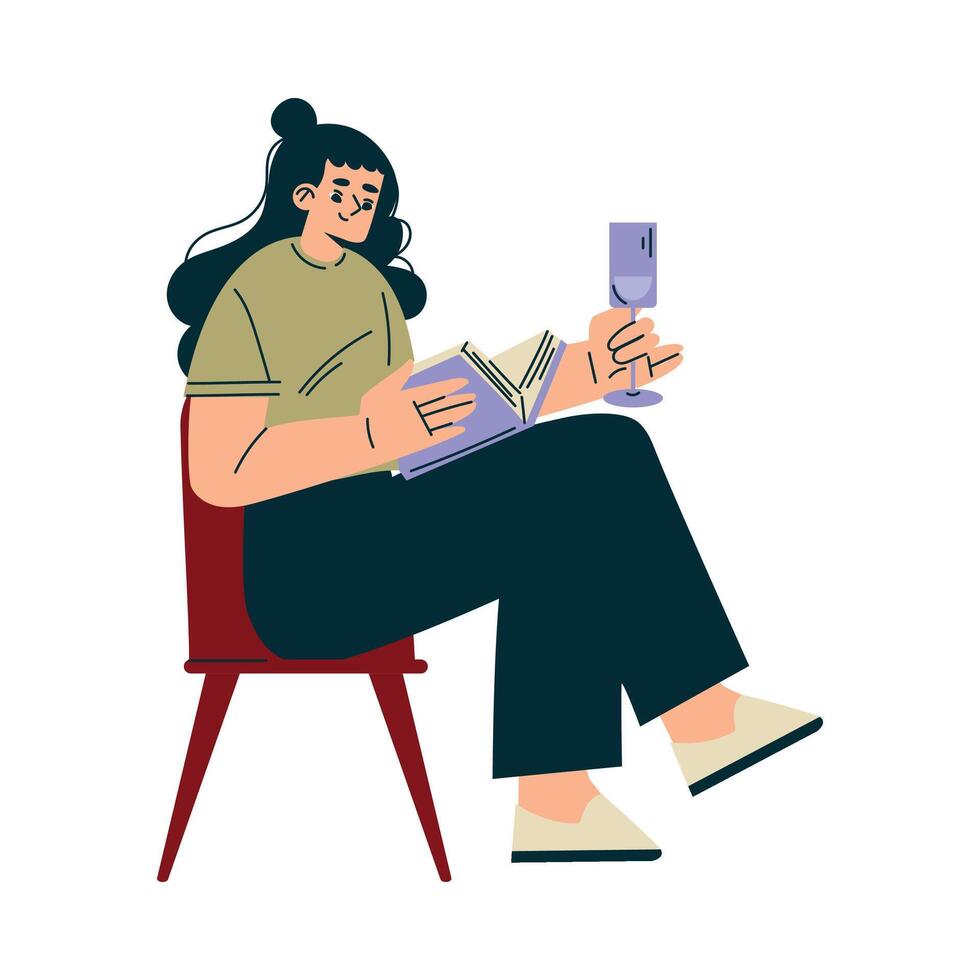 Woman Character in Cafe Sitting on Chair with Glass and Reading Book Illustration vector