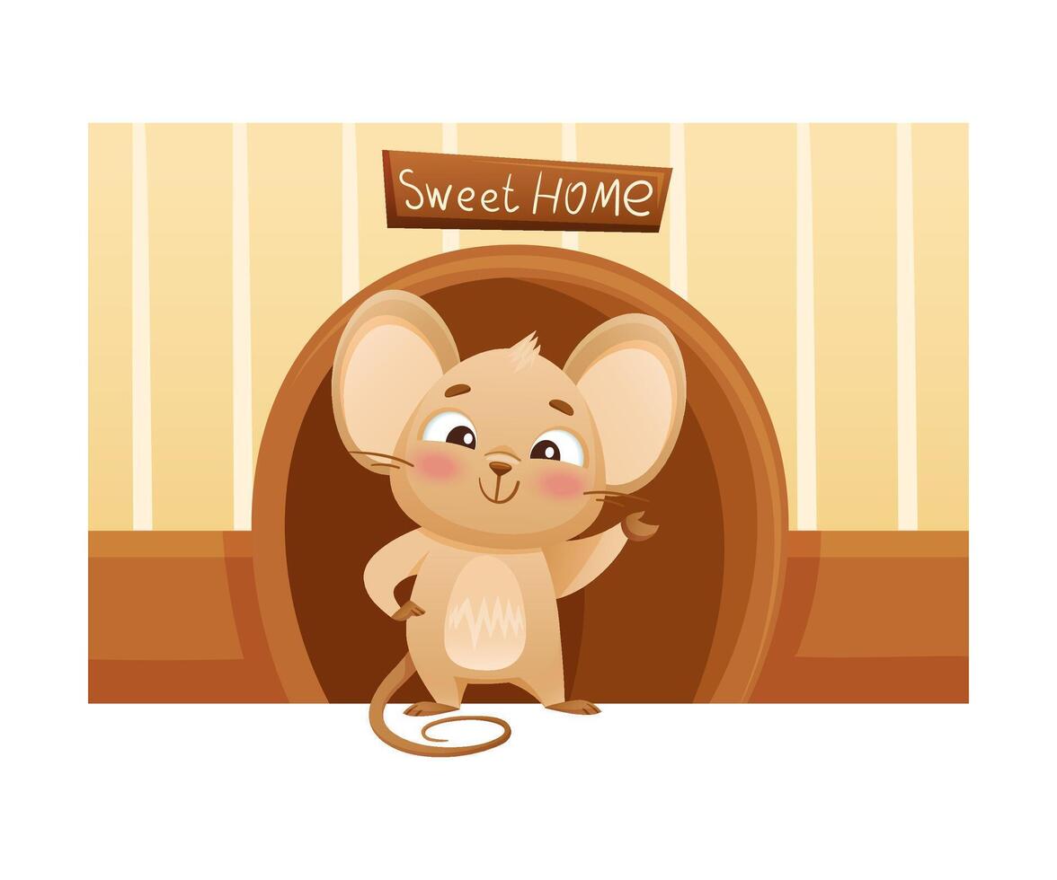 Cute little mouse standing on doorstep of mink. Adorable funny baby animal character cartoon illustration vector