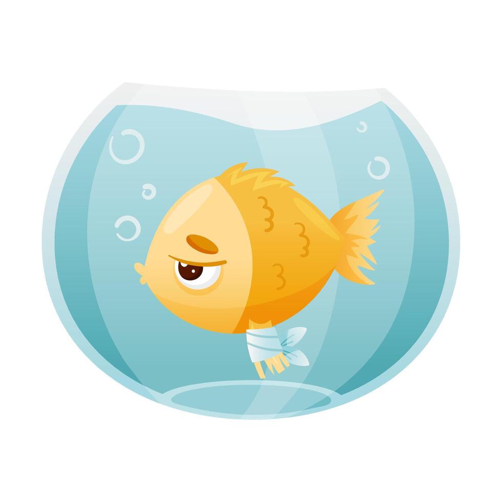 Sick fish in aquarium. Sad fish with bandage on its fin cartoon illustration vector