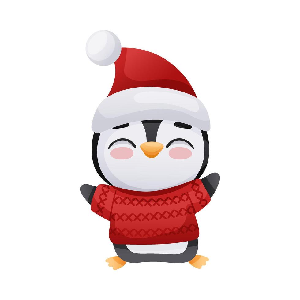 Cute happy penguin in red sweater and Santa hat. Adorable funny baby bird cartoon character. New year and Christmas design illustration vector
