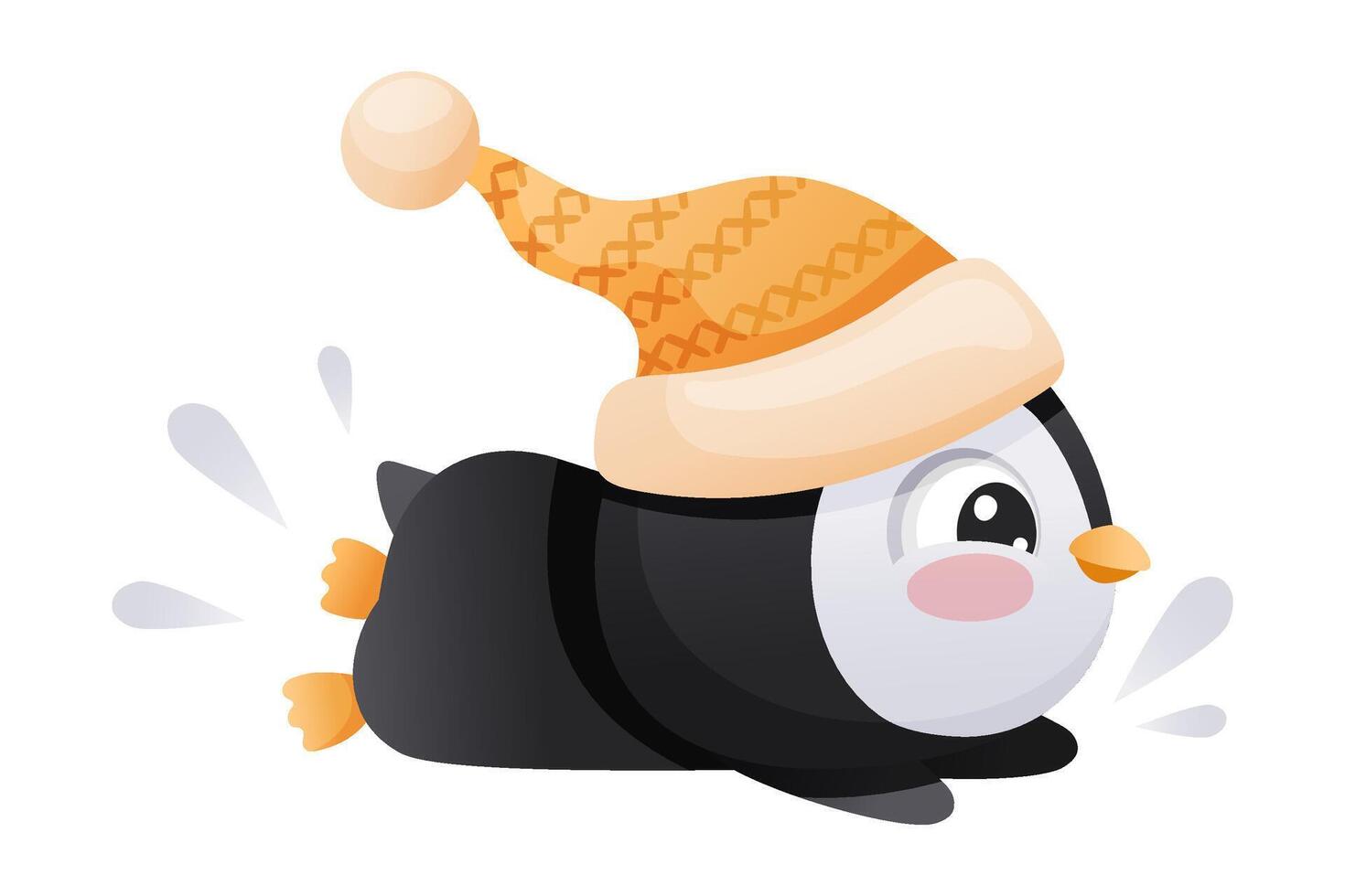 Cute penguin wearing hat jumping into water. Adorable funny baby bird cartoon character illustration vector