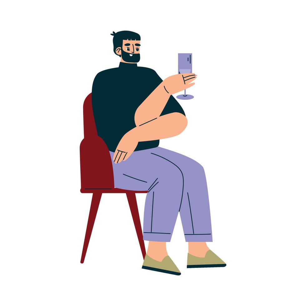 Bearded Man Character in Cafe Sitting on Chair with Glass Illustration vector