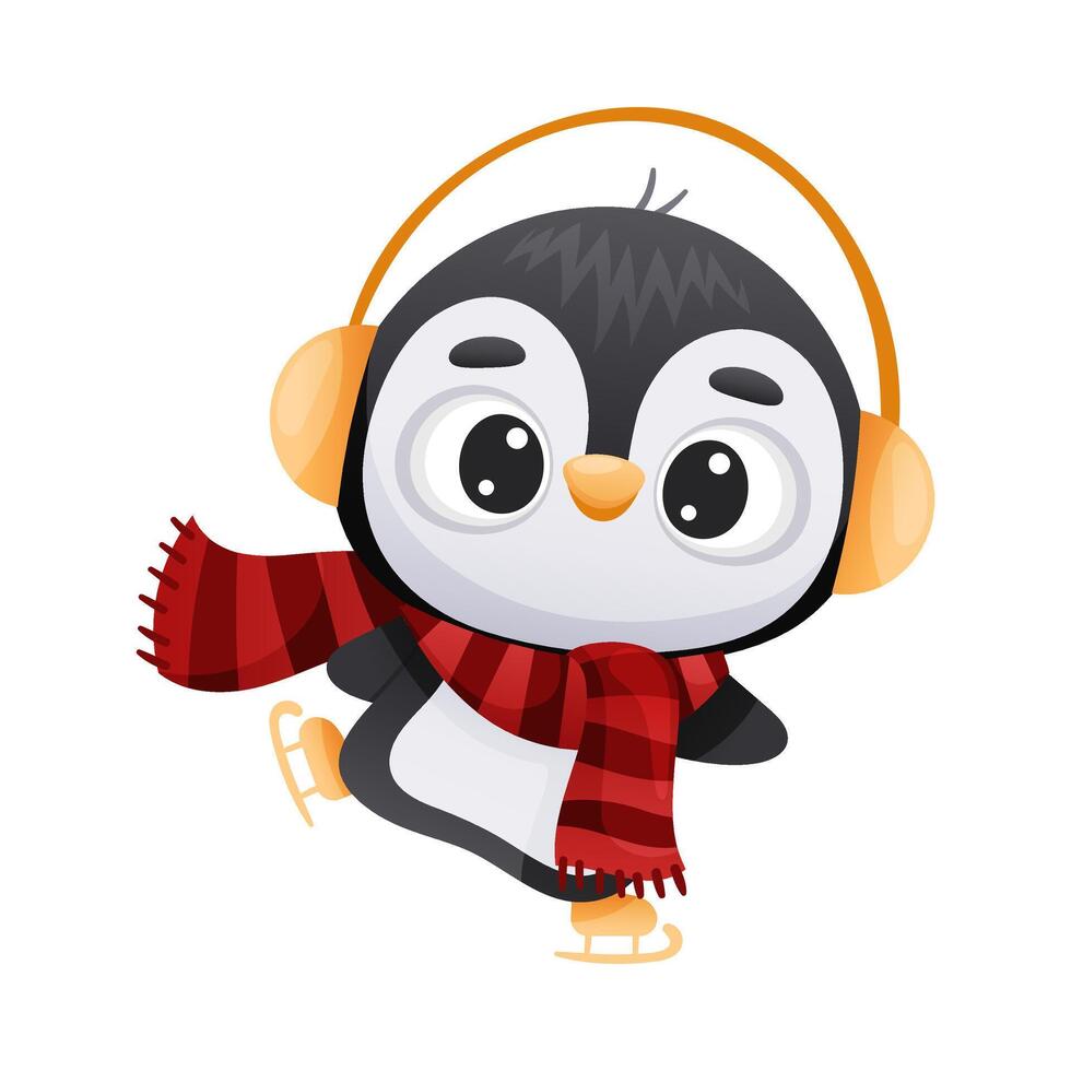 Cute penguin wearing earmuffs and scarf enjoying ice skating. Adorable funny baby bird cartoon character. New year and Christmas design illustration vector