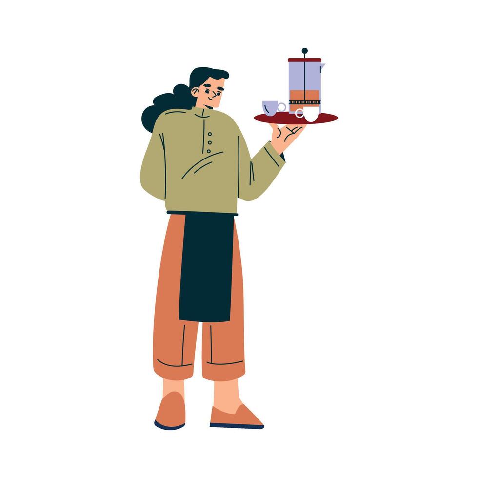 Woman Waitress at Cafe Standing in Apron with Tea on Tray Illustration vector