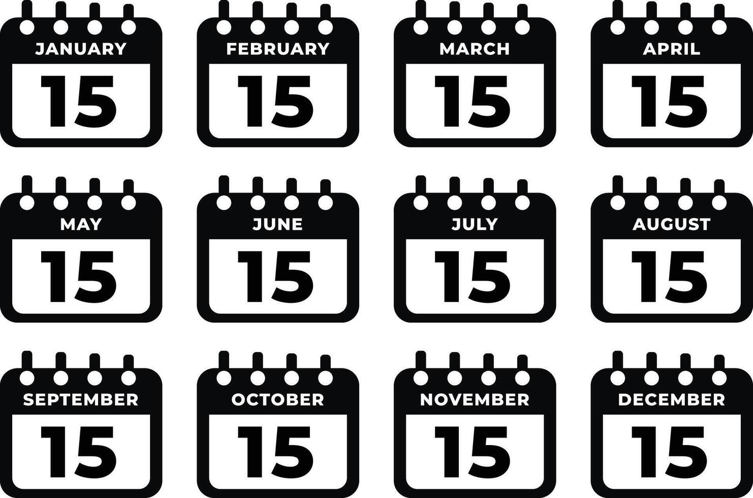 Twelve calendar icons showing the fifteenth of each month vector
