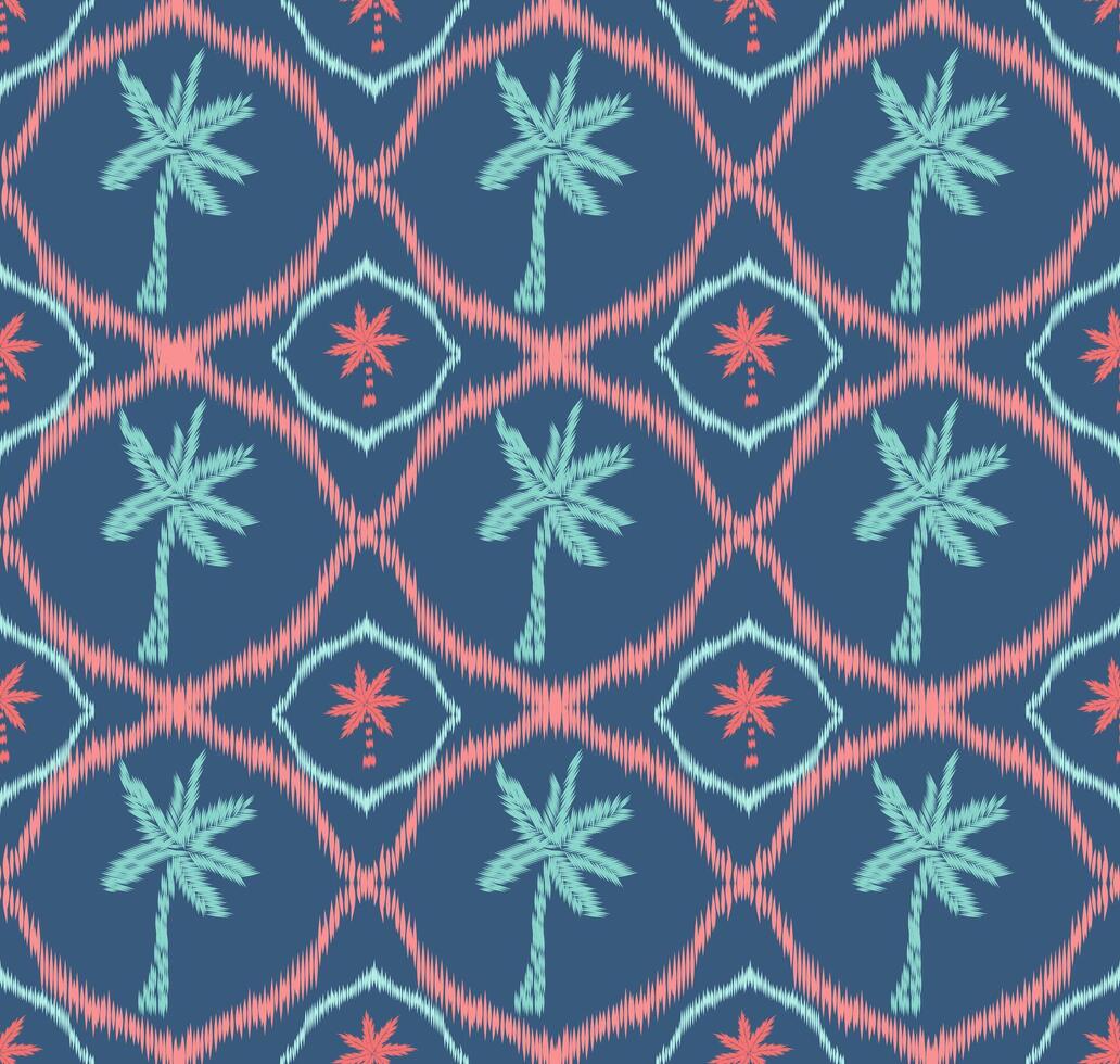 Bold Blue Ikat Palm Tree Pattern. Tropical Geometric Design vector