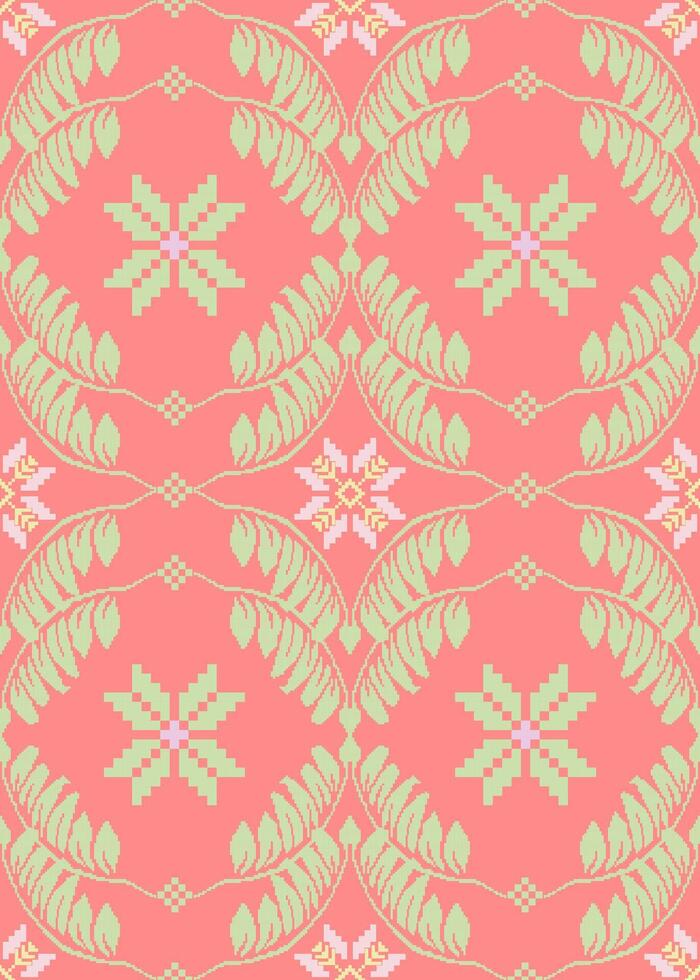 Soft Coral Pixel Flower Pattern. Minimal Embroidery Inspired Design. A light pixel art pattern with floral motifs in coral and soft green. Inspired by embroidery and nature. vector
