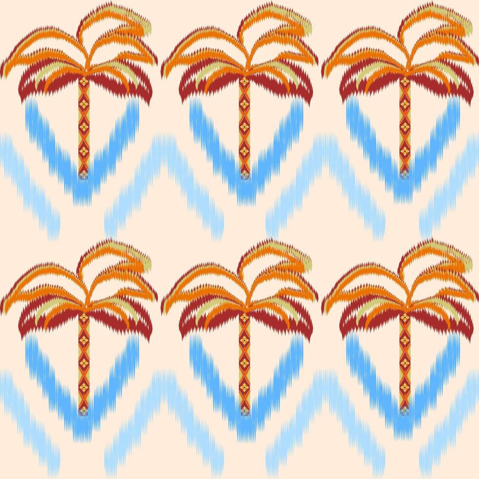 Tropical Ikat Pattern with Palm Trees and Waves. Summer Seamless Design vector