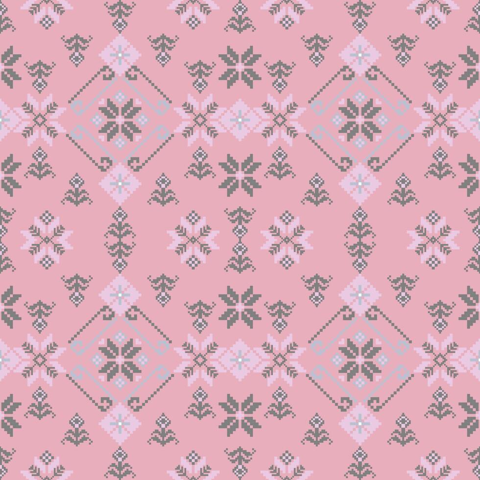 Seamless Pixel Floral Pattern. Pink Retro Embroidery Style. traditional embroidery with a retro feel. vector