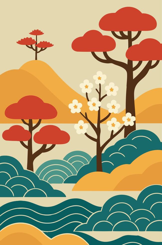 A stylized landscape illustration featuring bold red trees, blooming cherry blossoms, rolling yellow hills, and abstract teal waves in a flat retro Japanese-inspired design. vector