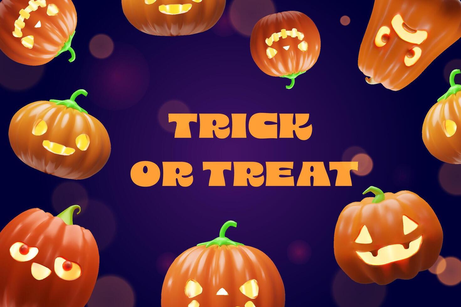 3d Halloween pumpkins banner. Three-dimensional illustration design for spooky party invitation. Autumn evil night concept poster. Happy scarey Jack o lantern character card. Glowing background vector