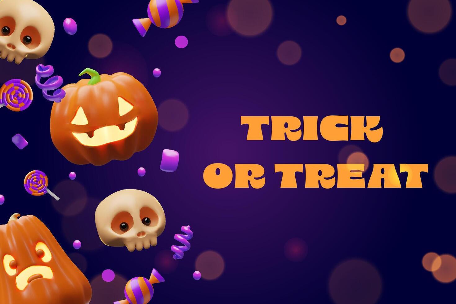 3d Halloween pumpkin, skeleton, candy banner. Three-dimensional illustration design for spooky party invitation. Autumn evil night concept poster. Happy scary Jack o lantern character card. vector