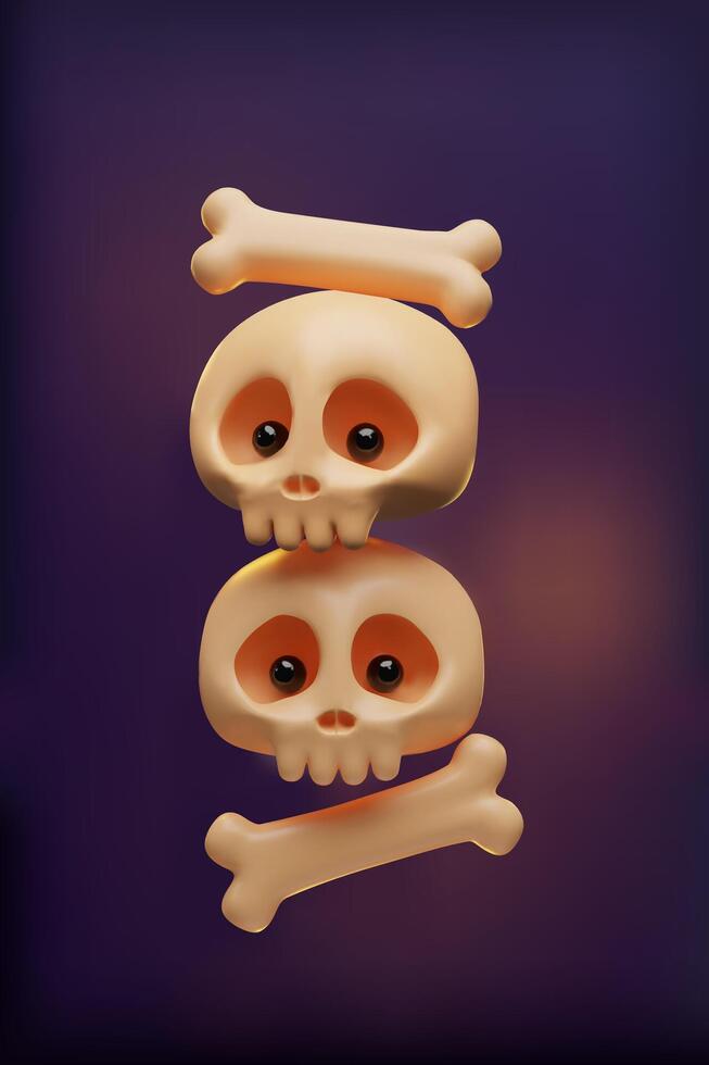 3d Halloween skulls and bones banner. Three-dimensional illustration design for spooky party invitation. Autumn evil night concept poster. Happy scary Skeleton character on glowing card. vector