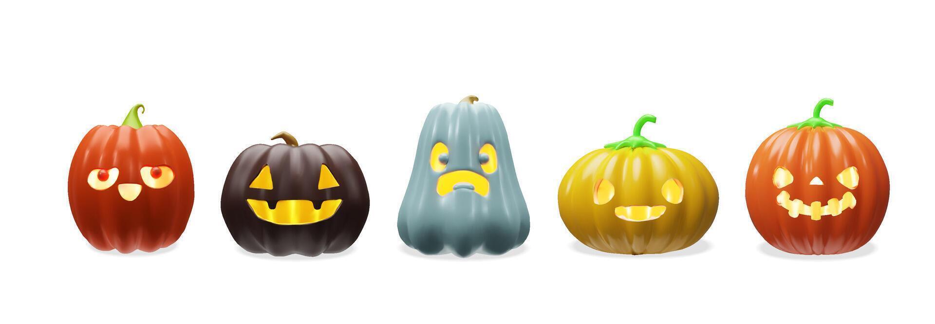 3d Halloween pumpkin set forms, colors, emotions. Glowing scary decoration for October holiday. Three-dimensional illustration spooky face light. Autumn Jack o lantern carved evil celebration vector