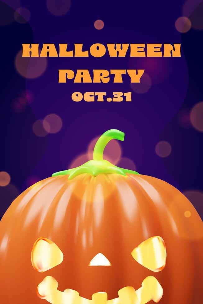 3d Halloween pumpkin banner. Three-dimensional illustration design for spooky party invitation. Autumn evil night concept poster. Happy scarey Jack o lantern character card. Glowing background vector