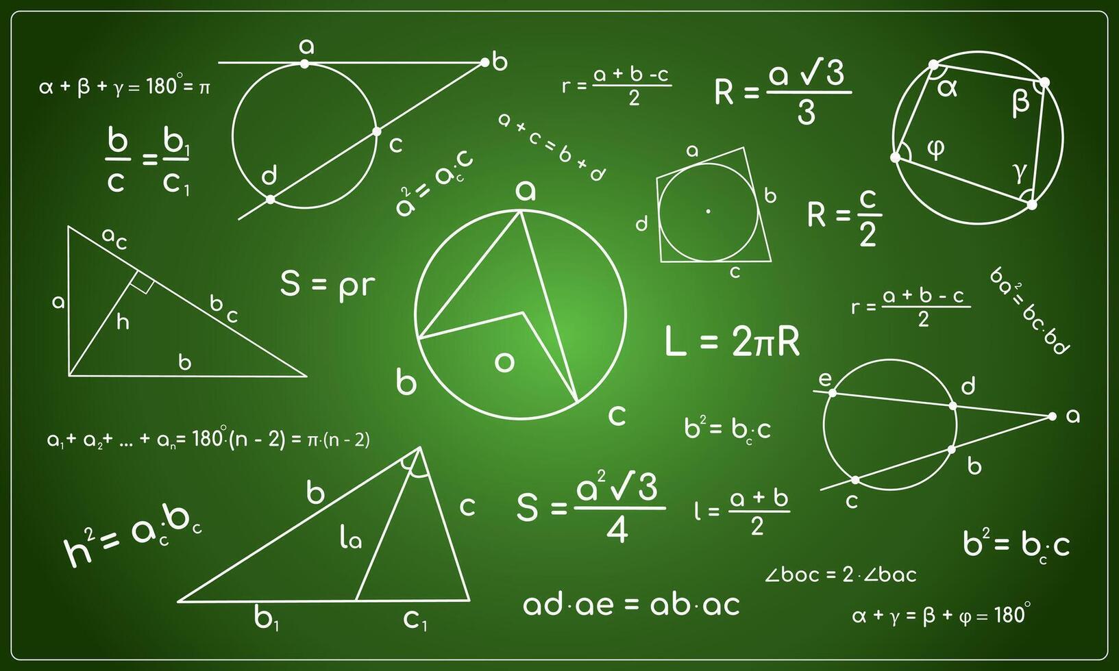 Math geometry formulas on green chalkboard illustration vector