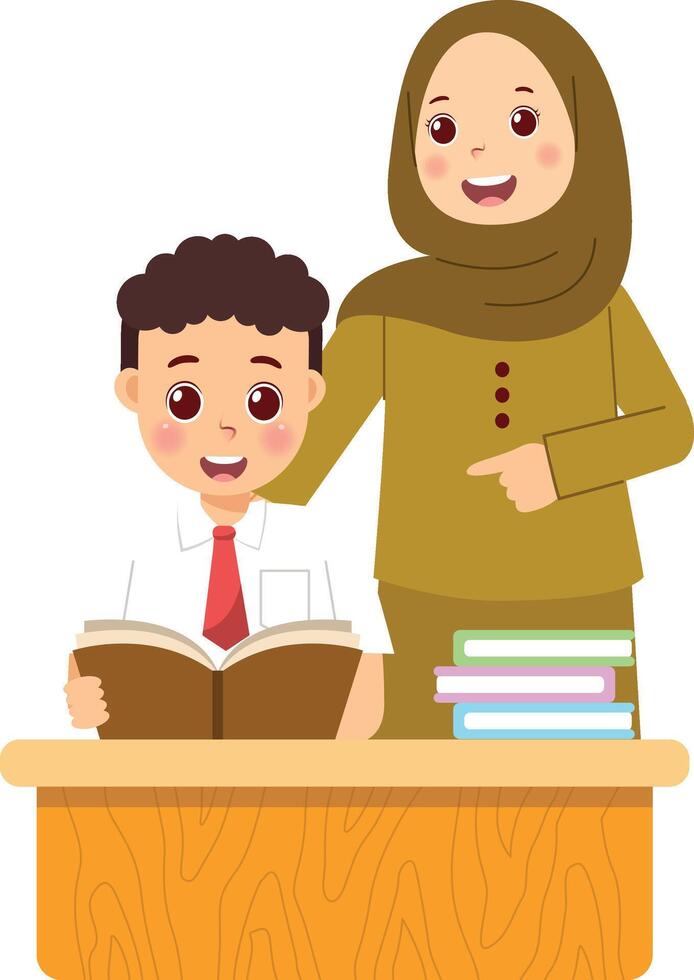 A woman and boy are sitting at a desk with books vector
