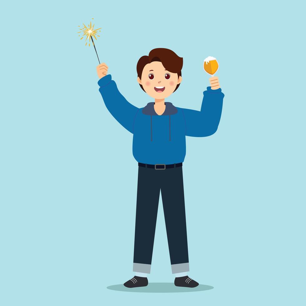 Happy man with sparkler and glass of wine illustration vector