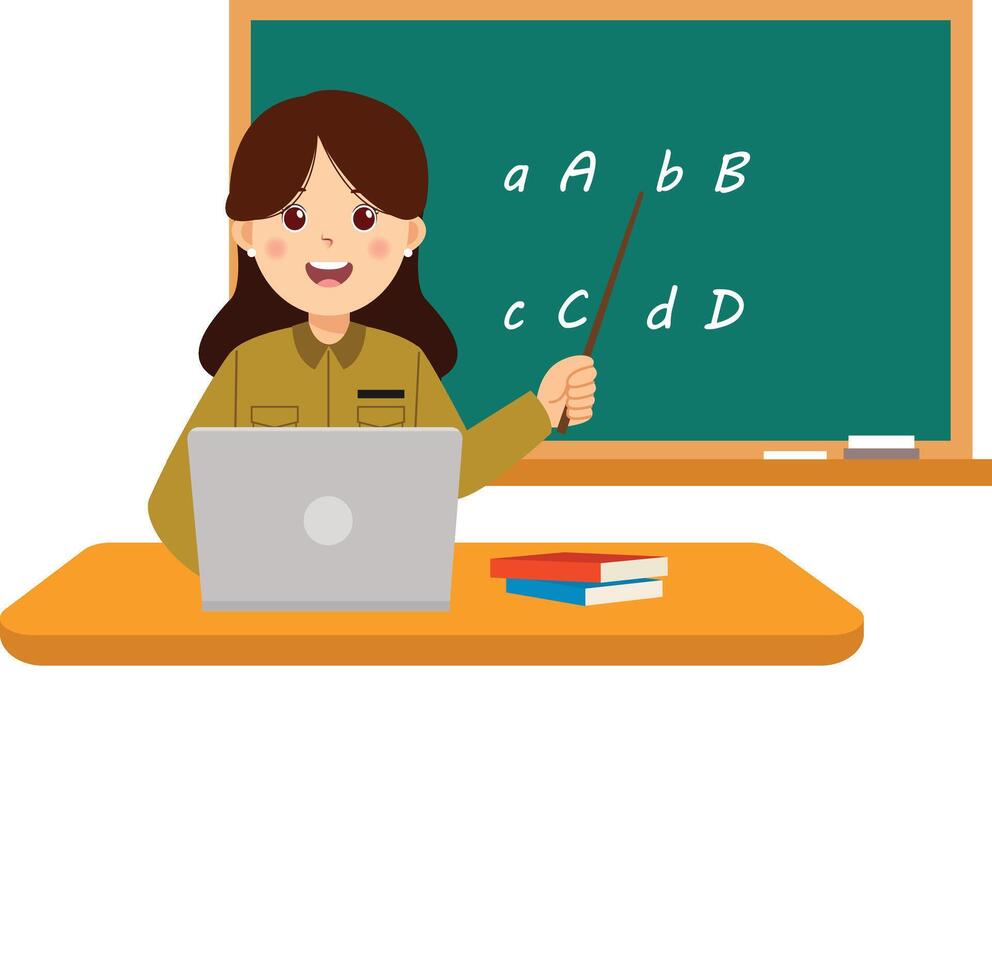 A woman teacher at a desk with a laptop and a chalkboard vector