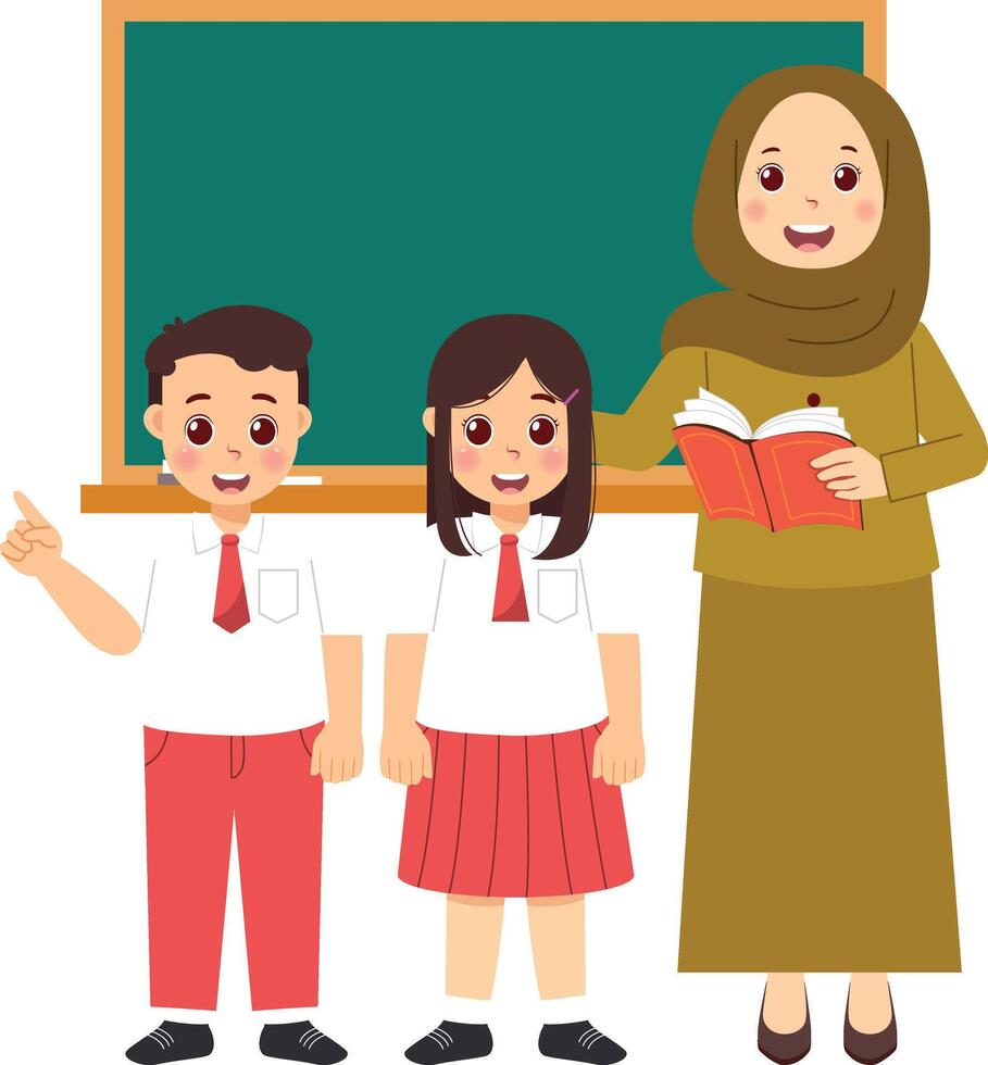 A teacher and two children standing in front of a blackboard vector