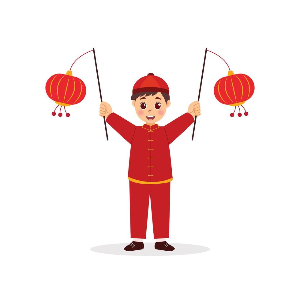 Chinese new year boy holding lanterns illustration vector