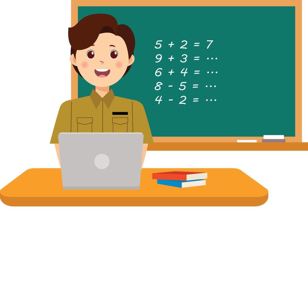 A man sitting at a desk with a laptop and a chalkboard vector