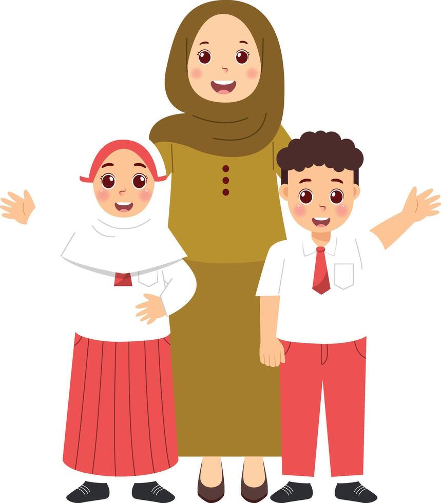 A woman and two children in school uniforms vector