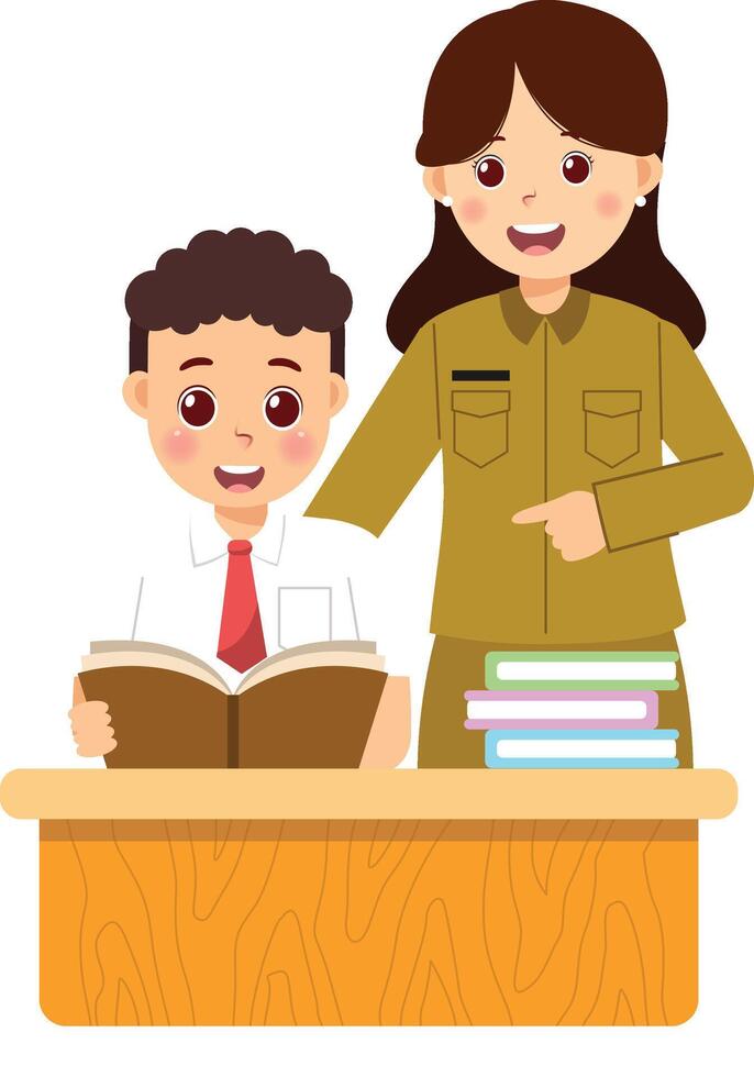 A woman and boy sitting at a desk with books vector
