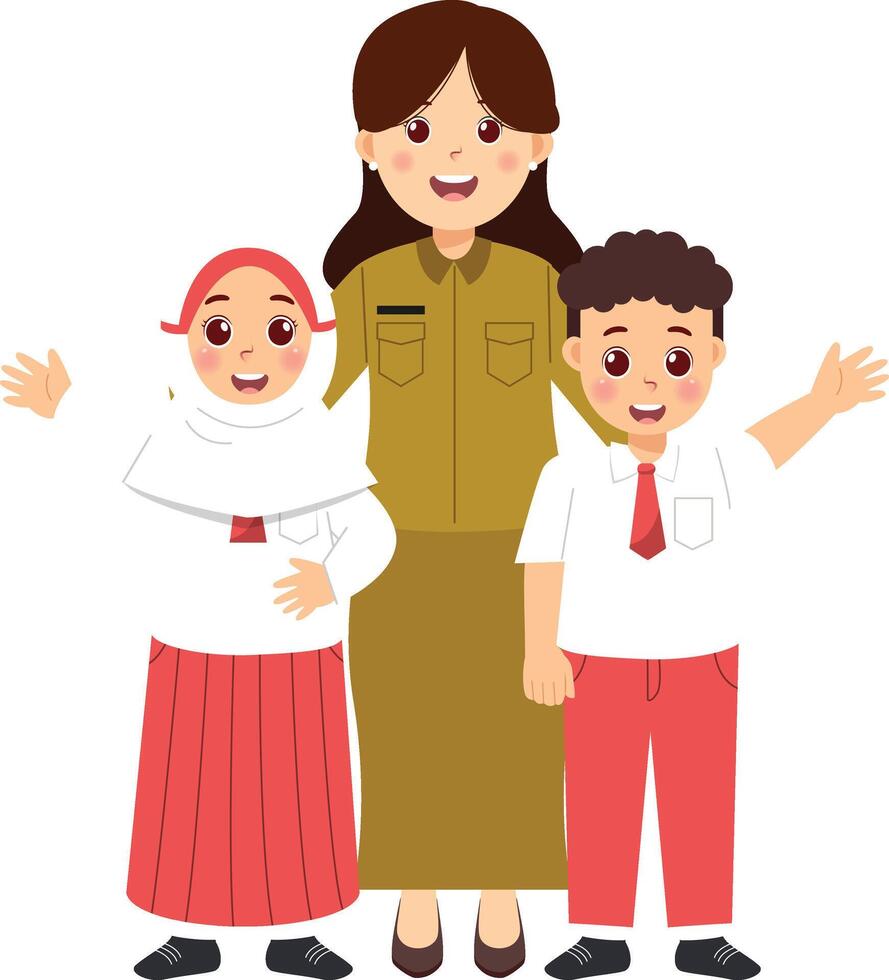 A woman and two children in school uniform vector